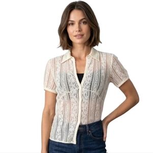Spense Feminine Boho Ivory Lace Button Down Short Sleeve Blouse - Festival Large